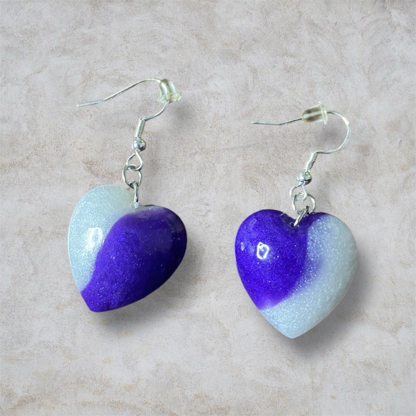 Purple and White Heart Earrings