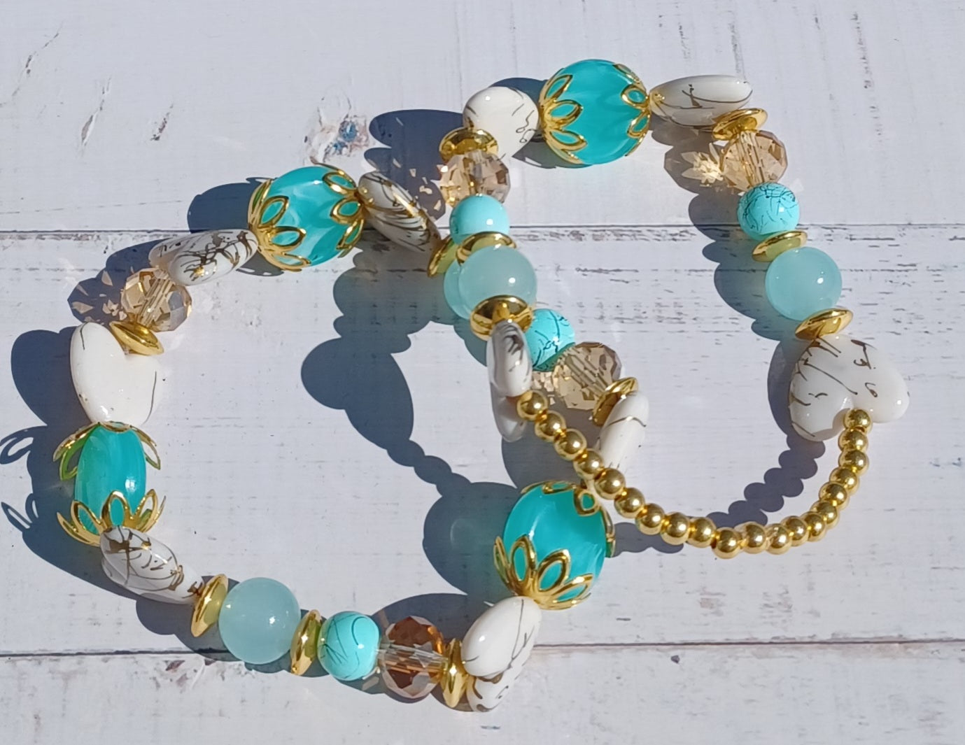 Teal Glass Beads w/ White & Gold Heart