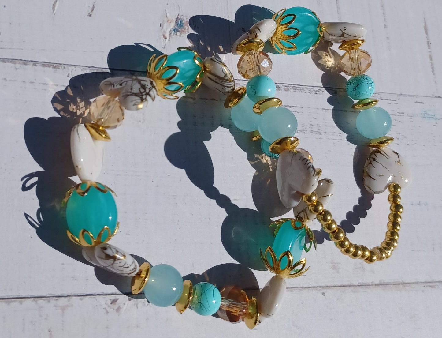 Teal Glass Beads w/ White & Gold Heart