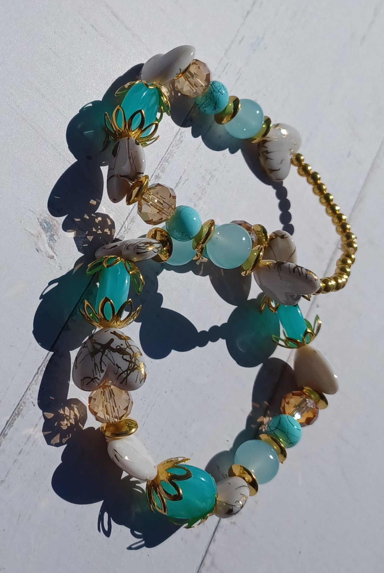 Teal Glass Beads w/ White & Gold Heart