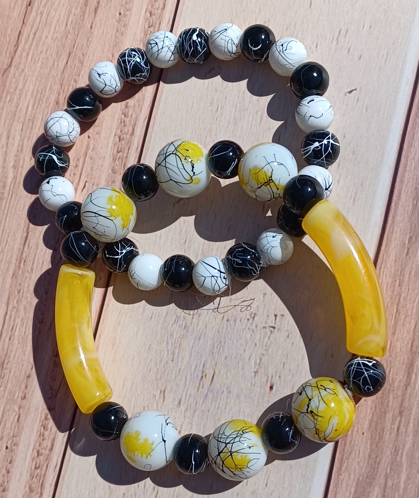 Glass Beaded Yellow, White & Black Bracelet