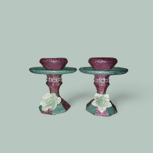 2 Pink & Mint Candle Holders