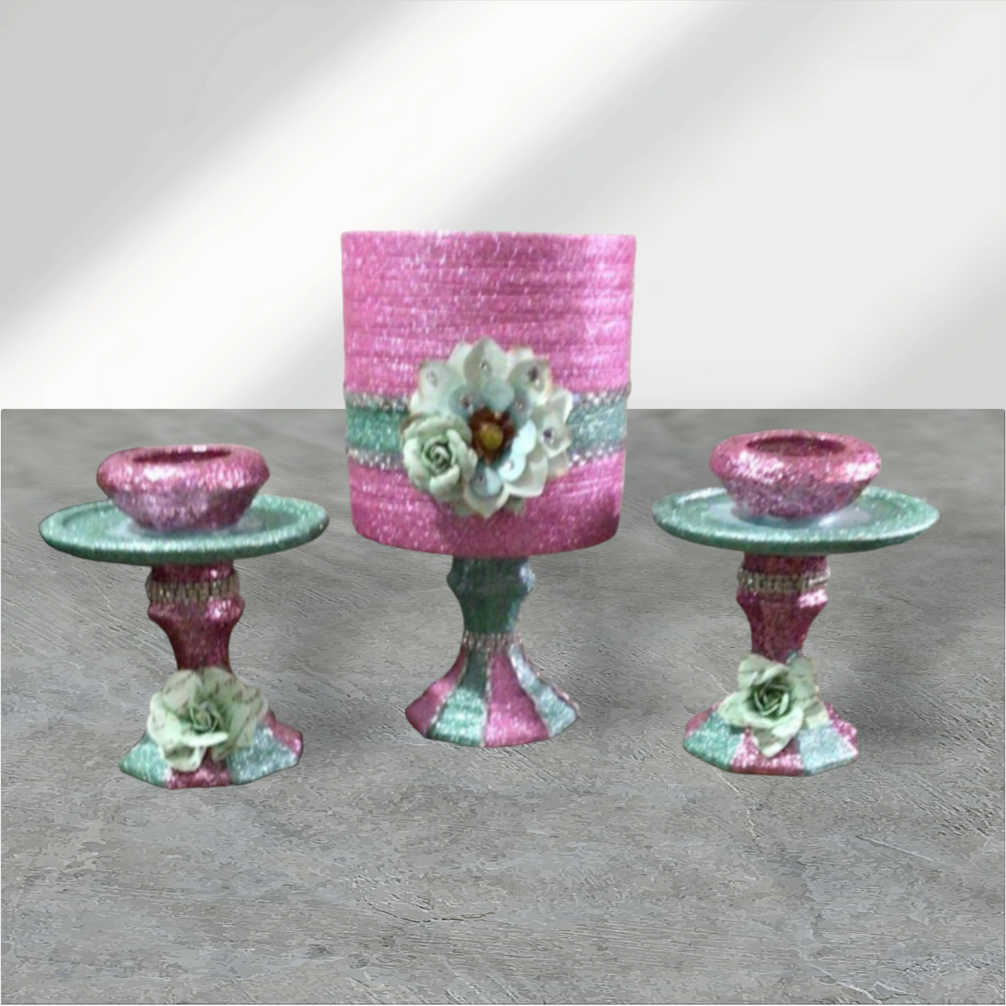 3 Pink & Mint Candle Holder Set