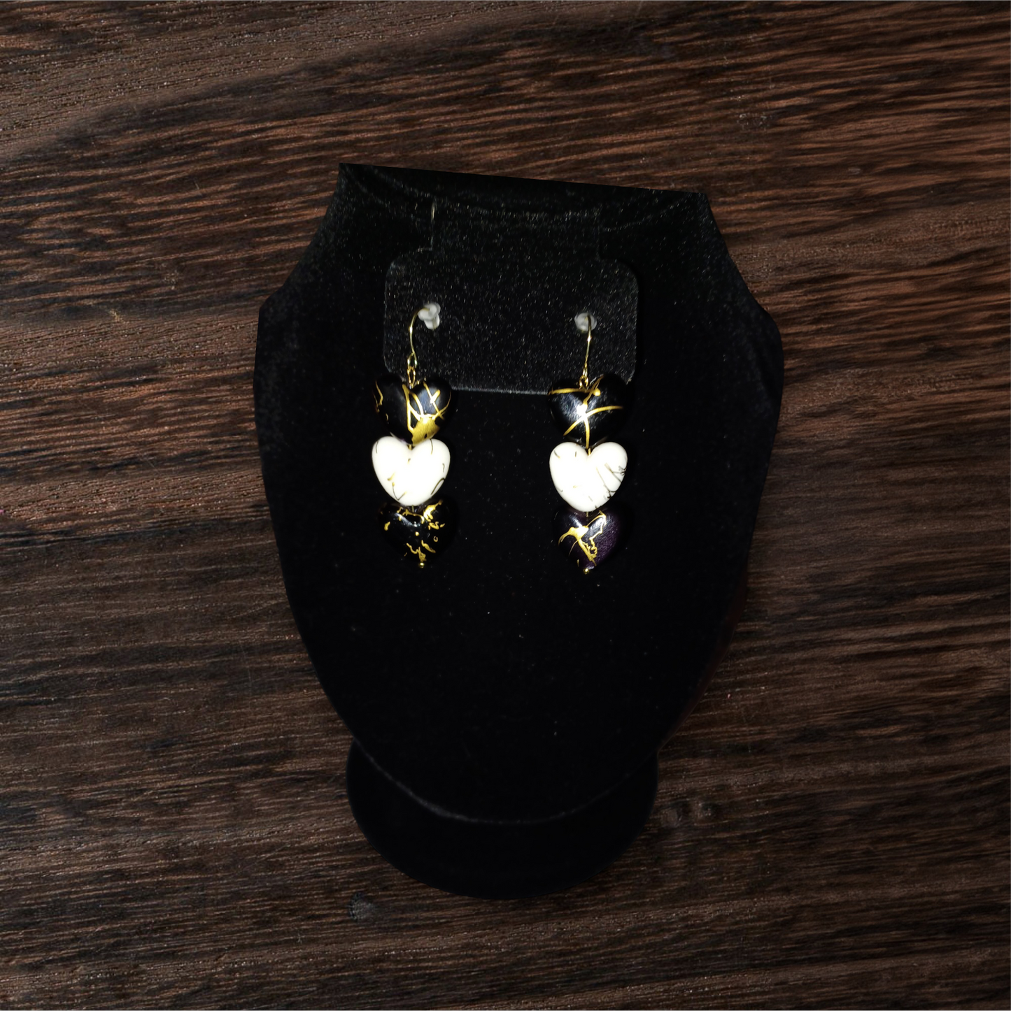 Marbel 3 Heart Black/Gold Earrings