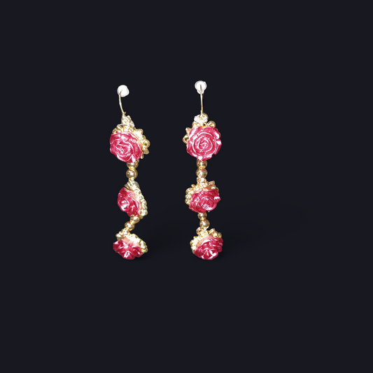 14K Gold Beads w/Red Rose Earrings