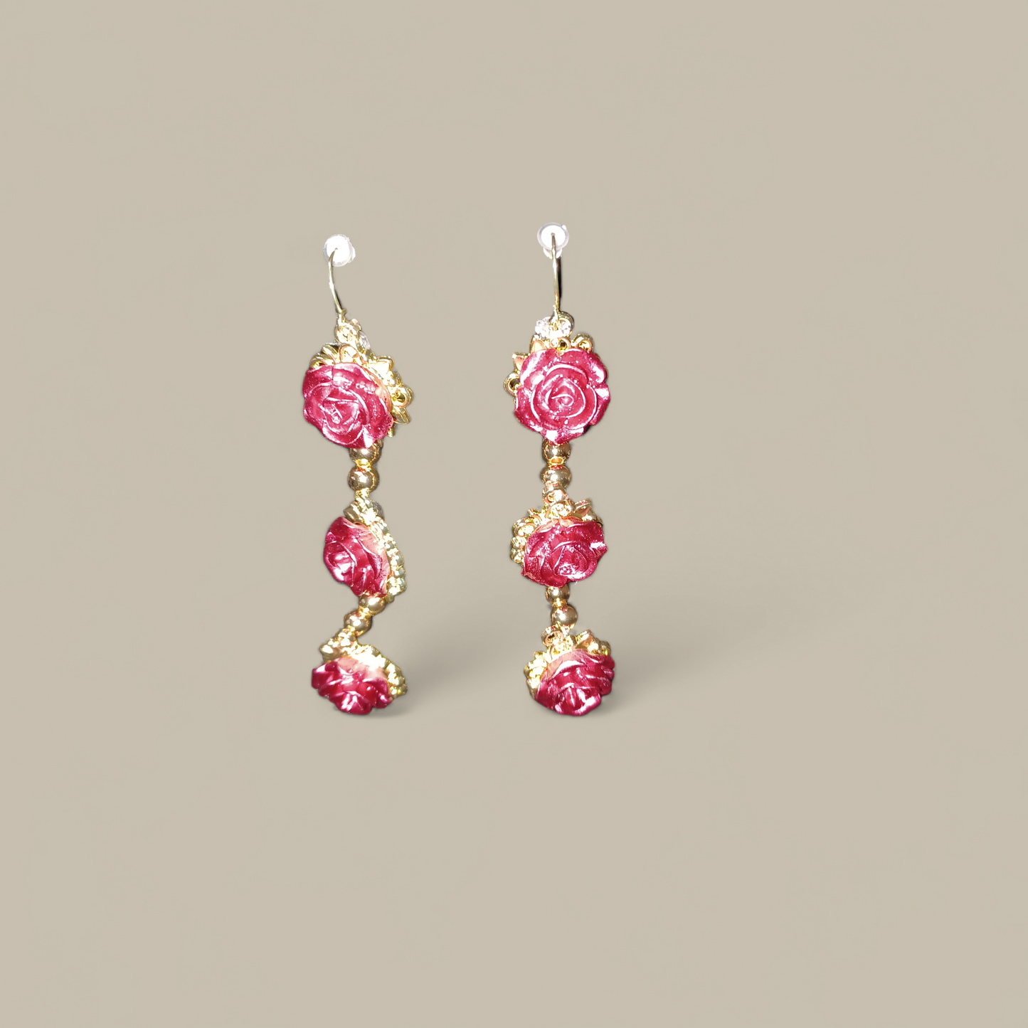 14K Gold Beads w/Red Rose Earrings