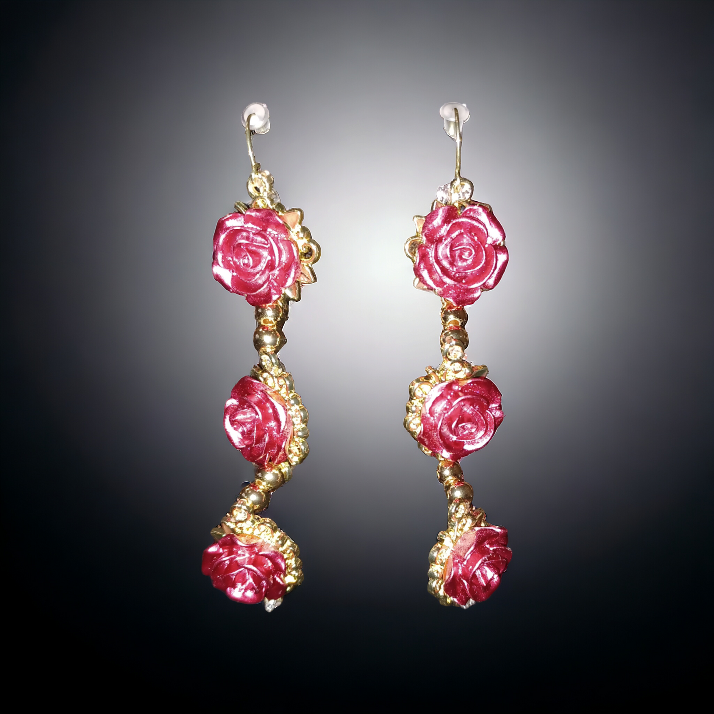 14K Gold Beads w/Red Rose Earrings